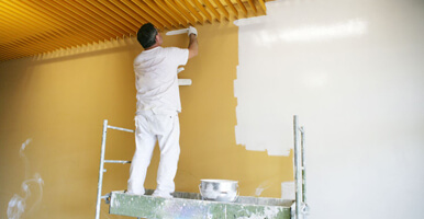 This image shows a man using a brush to paint a wall.
