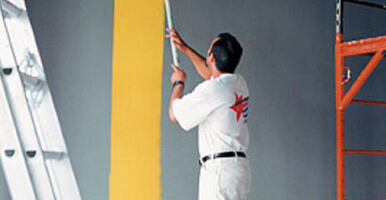 This image shows a man using a roller brush to paint a wall.