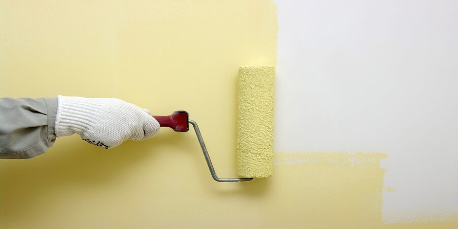 This image shows a man using a roller brush to paint a wall.